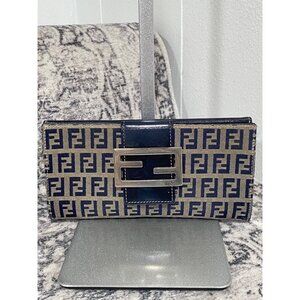 FENDI Zucca Canvas Leather Bifold Long Wallet Gray Navy